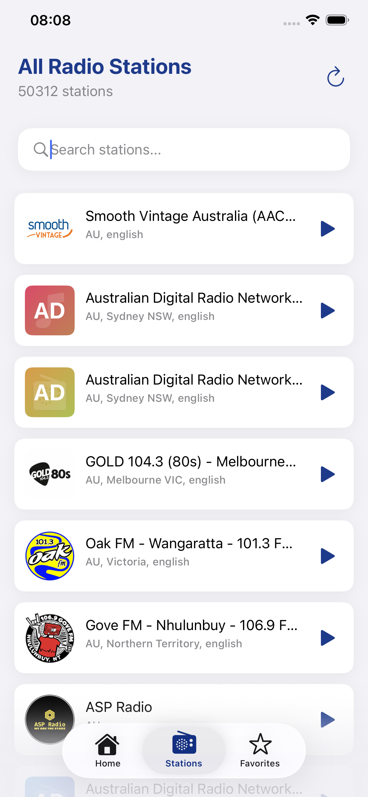 Tela inicial para escolher país e estações de rádio.