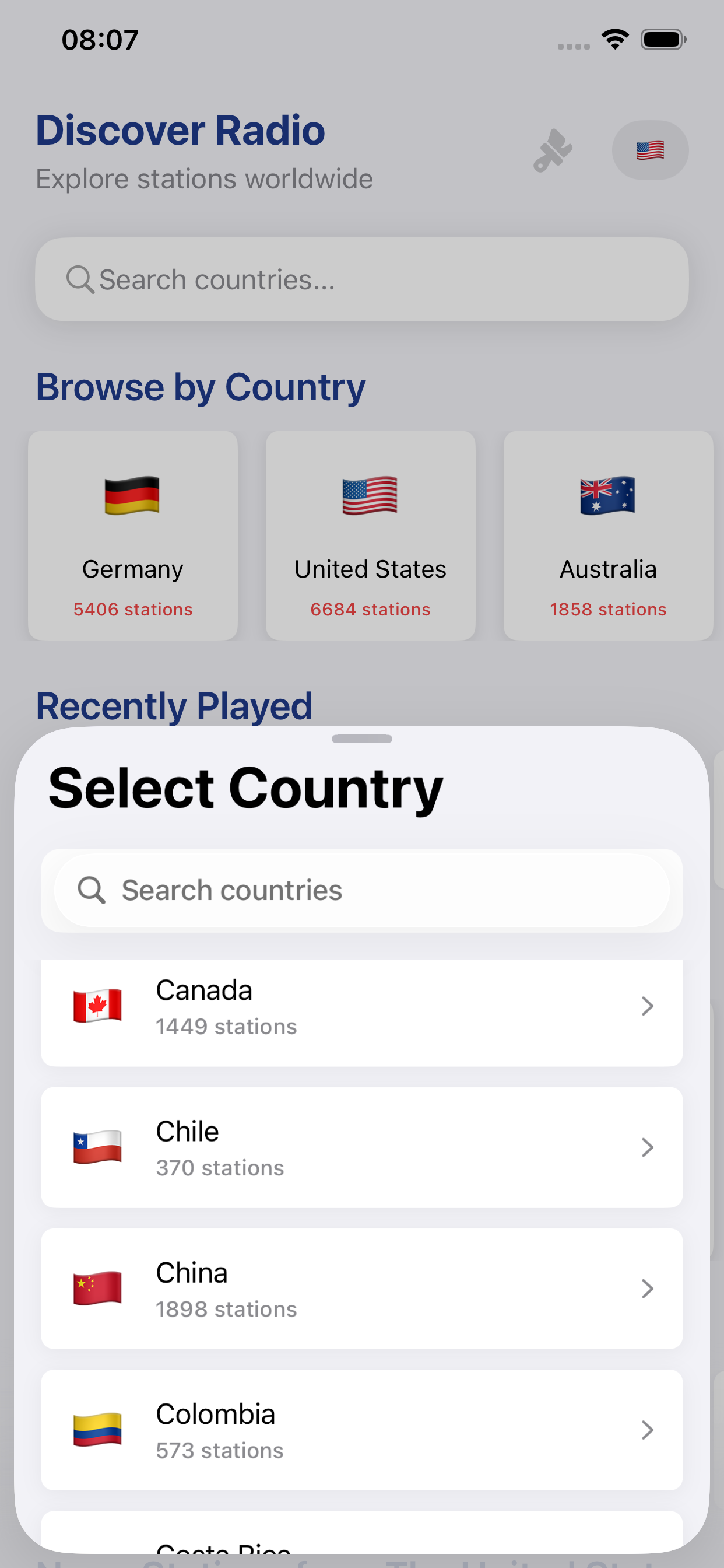Mudança de país para ouvir estações de rádio de outros países.