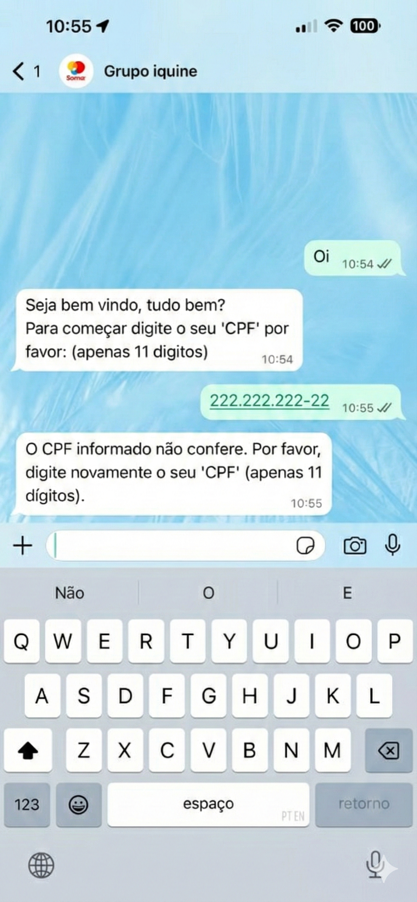 Erro ao inserir CPF durante a consulta de Remuneração Variável. CPF é relacionado ao número de telefone do colaborador, garantindo segurança no acesso às informações.
